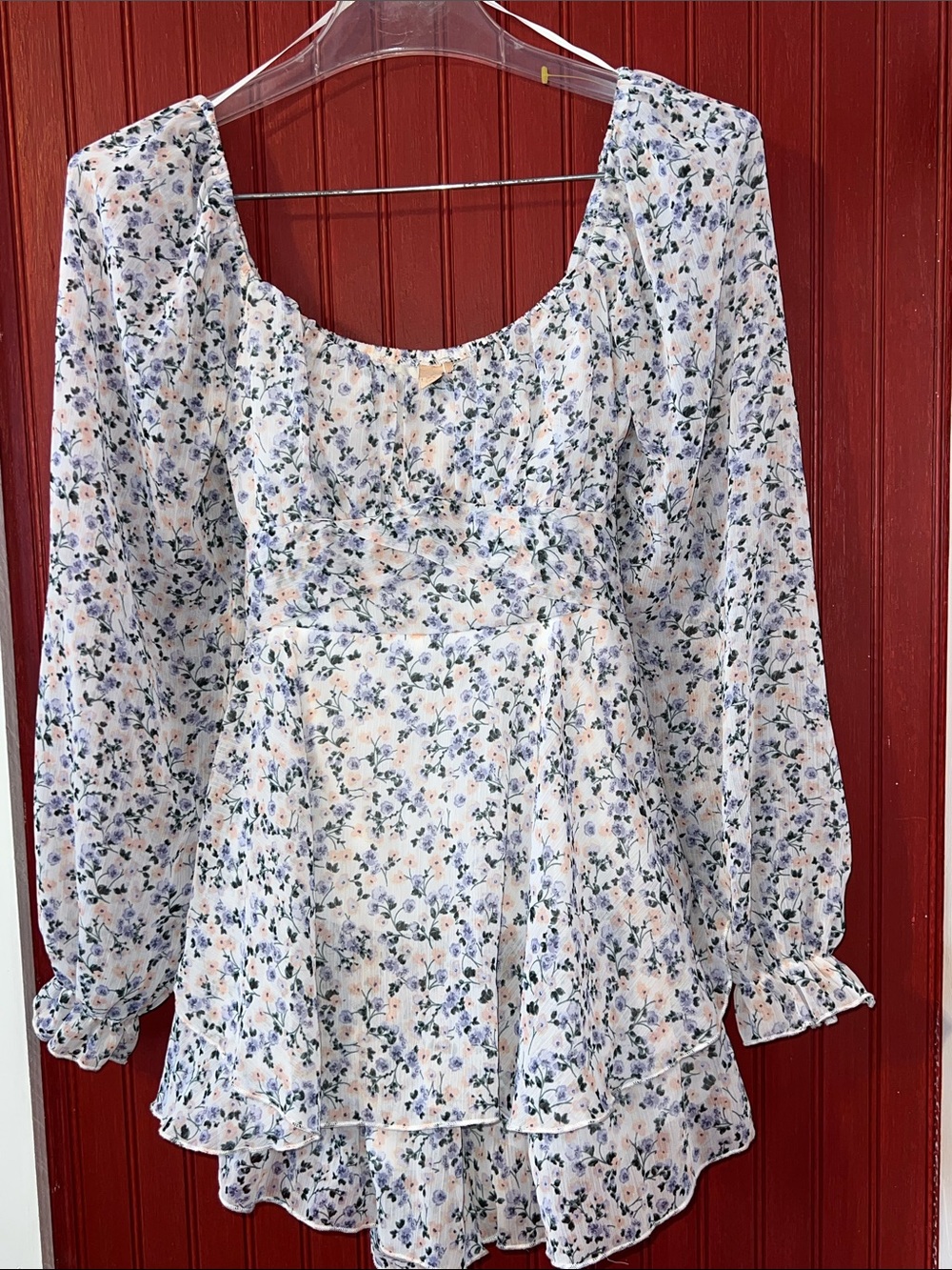 Floral Cream Long-Sleeve Ruffle Peplum Boho Blouse S